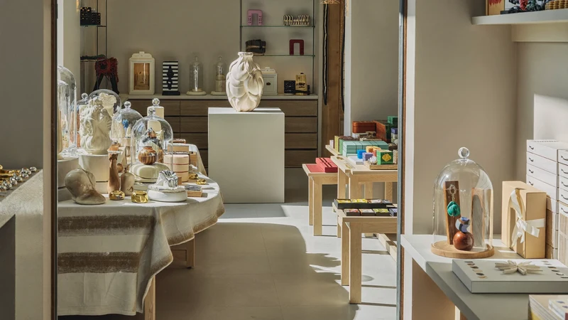 Helle Geschenkboutique mit Tischen voller Mitbringsel und eingepackter Geschenke, illustrativ