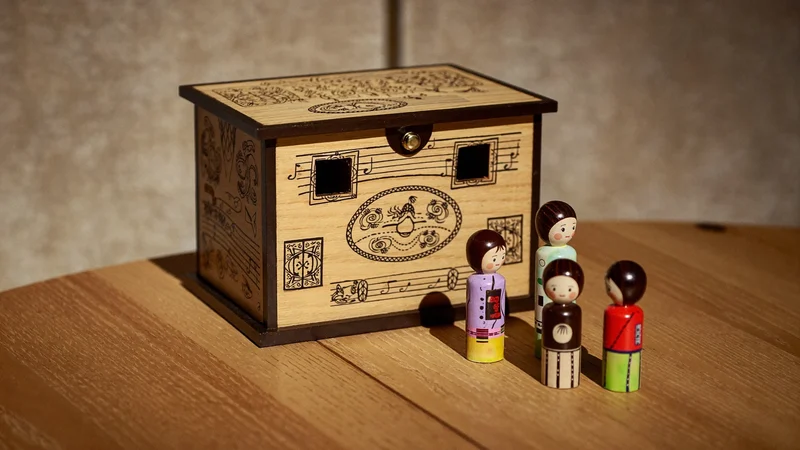 Geschnitzte Spieldose und bemalte Holzfiguren auf einem Eichentisch, illustrativ