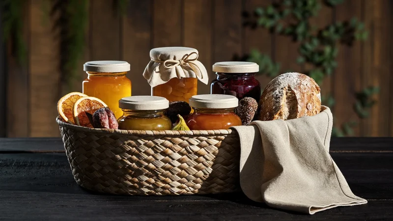 Geschenkkorb mit unbeschrifteten Gläsern, Früchten, Brot und Webtuch, illustrativ