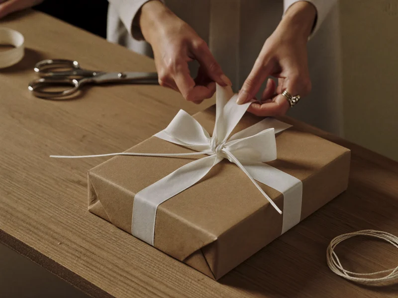 Hände binden ein Band um ein in Kraftpapier verpacktes Geschenk, illustrativ