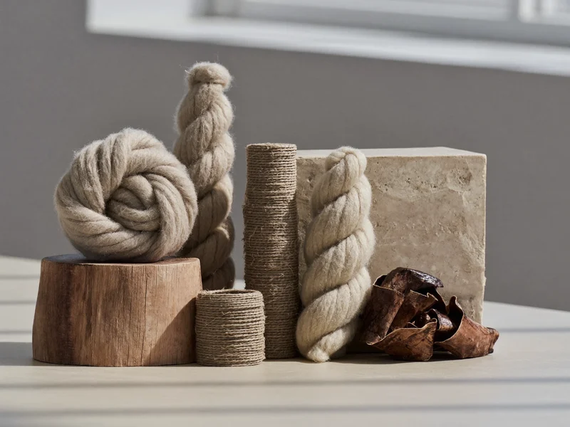 Rohton, Holzspäne, ungefärbte Wolle und Papierkordel als Materialien, illustrativ